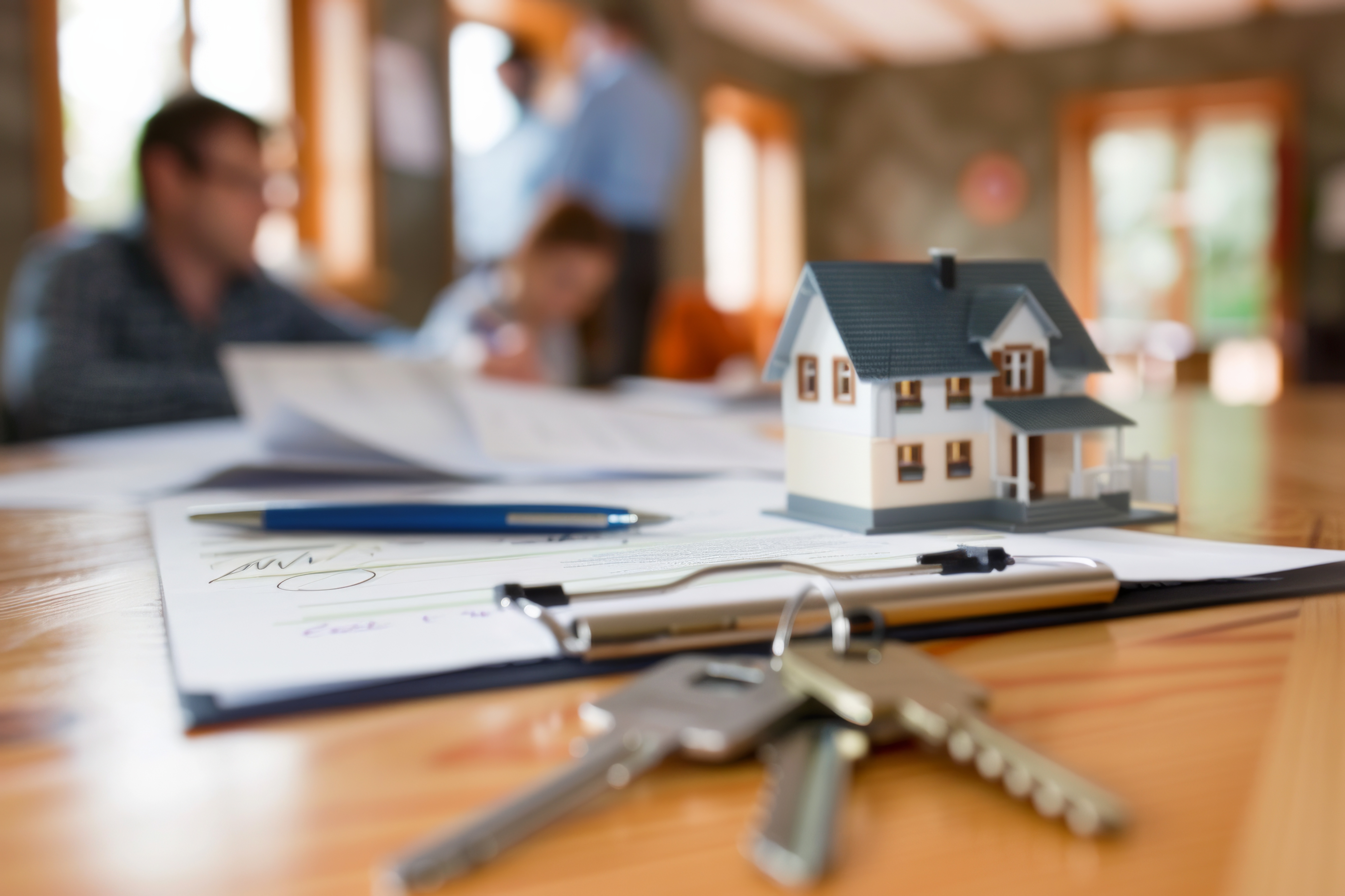 Nahaufnahme eines Modellhauses, Schlüsseln und einem Stift auf einem Dokument; im Hintergrund unscharfe Personen.